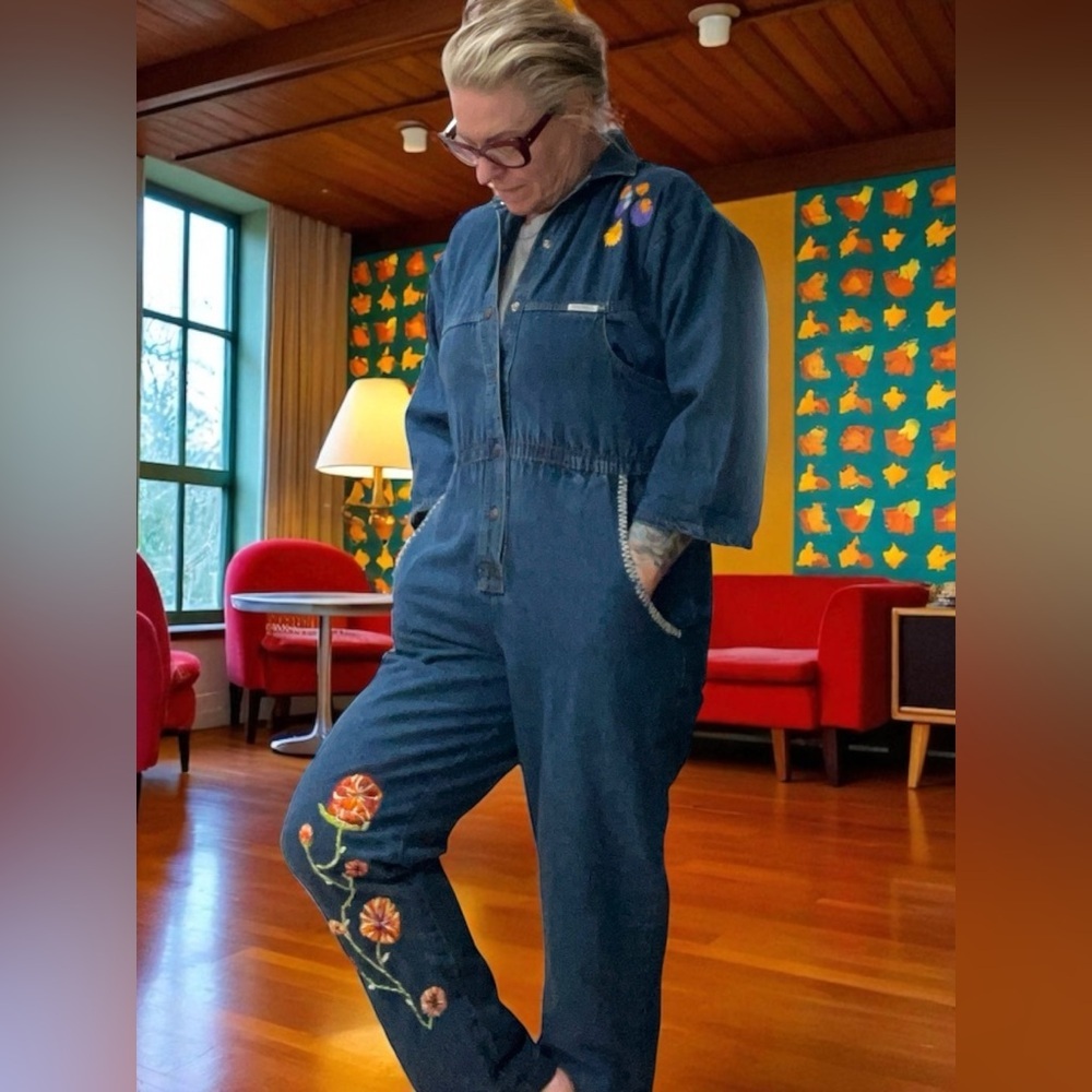 Hand embroidered Dreams custom Blue Denim Mechanic Jumpsuit Coveralls - Picture 4 of 12